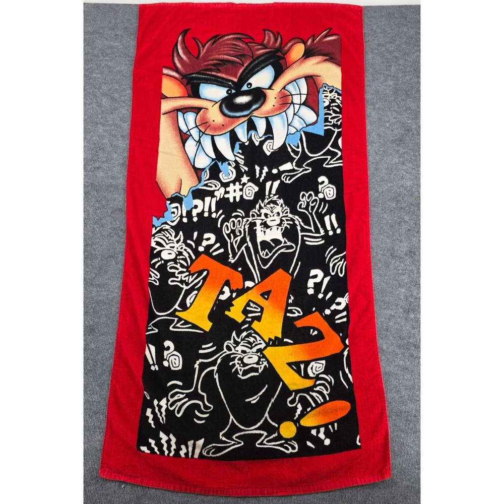 Vintage 1992 Looney Tunes Taz Tasmanian Devil Beach Towel Red Black Cotton 29x58